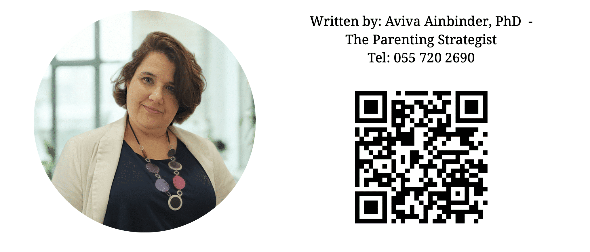 A woman with short brown hair, wearing a beige jacket and colorful necklace, stands by a window. Text beside her gives her name, title, phone number, and displays a QR code.