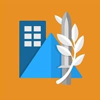 Flat design icon on an orange background featuring a blue building, a blue triangle, a gray sword, and a white olive branch.