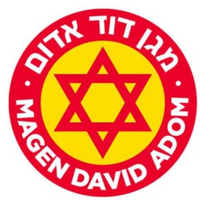 A red Star of David inside a yellow circle, surrounded by the words MAGEN DAVID ADOM in English and Hebrew on a red border.