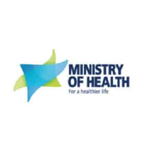 Logo with blue and green overlapping shapes next to the text Ministry of Health and the tagline For a healthier life in blue font on a white background.